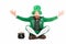 Excited leprechaun gesturing and sitting at pot of gold