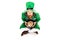 Excited leprechaun in green suit holding pot of gold