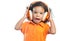 Excited little girl with an afro hairstyle enjoying her music on bright orange headphones