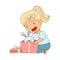Excited Little Girl Opening Gift Box with Toy Rabbit Rejoicing at Present Vector Illustration