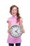 Excited little girl showing clock