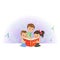 Excited little kids, boys and girl looking at magic book. Children characters with colorful imagination. Fantasy concept