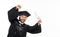 Excited male college graduate student holding roll certificate standing