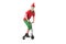 excited man in christmas elf costume jumping in air on push-cycle isolated