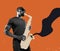 Excited man playing hand-drawn saxophone on orange background. Modern design. Conceptual, contemporary art collage. Soul