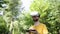 Excited man in vr headset using digital tablet in park