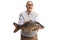 Excited mature casual man holding a big carp fish