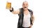 Excited mature punker holding a pint of beer