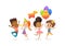 Excited multiracial boys and girls with the balloons and birthday hats happily jumping with their hands up. Birthday