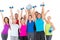 Excited people with exercise equipment raising hands