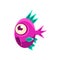 Excited Pink Fantastic Aquarium Tropical Fish With Spiky Turquoise Fins Cartoon Character