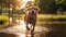 excited, playful dog romping through a water puddle