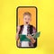 Excited Schoolboy In Smartphone Screen Having Idea, Yellow Background