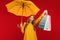 Excited shaken young woman, with a yellow umbrella and shopping bags on a red background, shopping concept, autumn