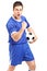 Excited sport fan holding a football and gesturing