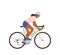 Excited sportive woman cartoon character riding bicycle participating in final sprint finishing race