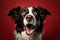 Excited surprised Border Collie dog, on bright red background.