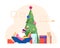 Excited Surprised Man in Santa Claus Hat Opening Gift Box Sitting under Decorated Xmas Tree at Christmas Morning