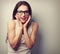 Excited surprising fun young woman in eye glasses. Vintage close