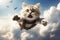 Excited tabby kitten with backpack soars through a cloud-filled sky