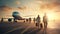 excited tourists, as they board a commercial airplane parked on the airport runway. The scene brims with anticipation