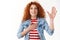 Excited upbeat good-looking redhead woman swear pledge allegiance raising one palm hold hand heart promise tell only