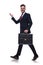 excited walking businessman with suitcase in hand presenting behind