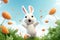 Excited white bunny with carrots in the air. Concept of joy, funny cartoon characters, playful animals, and healthy