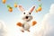 Excited white bunny in mid-jump among flying carrots. Concept of joy, funny cartoon characters, playful animals, and