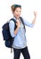 Excited woman backpack traveler