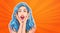 Excited Woman With Blue Hair And Open Mouth Pop Art Style On Colorful Retro Background