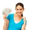 Excited Woman Holding Fanned Dollar Bills