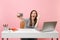 Excited woman make video call waving hand for greeting doing taking selfie shot on mobile phone while sit work at desk