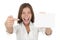 Excited woman showing blank sign