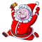 The excited yeti dwarf is wearing the santa costume and running so fast with ring the christmas bell