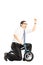 Excited young businessperson riding a small bicycle and gesturing happiness with his hand