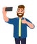 Excited young hipster man taking selfie with phone and making thumbs up gesture sign. Happy trendy person holding smartphone