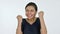 Excited Young Indian Woman Celebrating, White Background