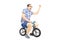 Excited young male riding a small bicycle and gesturing happiness