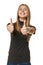 Excited young success woman giving thumbs up