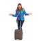 Excited Young Woman In Vibrant Down Jacket Is Standing With Suitcase And Shouting