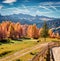 Exciting autumn view of Dolomite Alps. Majestic morning scene of Cortina d`Ampezzo hills, Italy