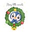 Exciting joyful Penguin Celebrating Christmas in a Festive Wreath, Merry Christmas little moment, Watercolor Cartoon. Exciting