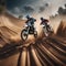 Exciting motocross race with dirt bikes flying over jumps Energetic and adrenaline-fueled illustration for extreme sports or rac