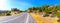 An exciting panoramic view of amazing roads without traffic in at Rhodes, Greece. Beautiful asphalt freeway, motorway, highway