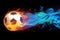 Exciting soccer imagery ball emits colorful smoke, text friendly background