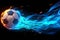 Exciting soccer imagery ball emits colorful smoke, text friendly background