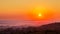 Exciting sunrise over fogged city and park, aerial view, Lviv