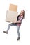 Exciting young female carrying heavy cardboard boxes tending to fall