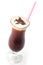 Exclusive coffee drink with cream foam and chocolate pieces, hot drink or cappuccino on white plate, product photography